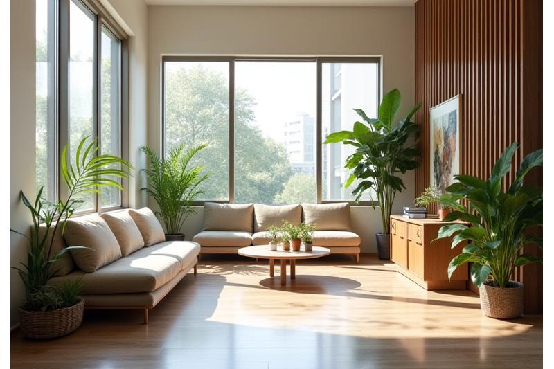 Modern, minimalistisch kantoorinterieur met natuurlijke elementen