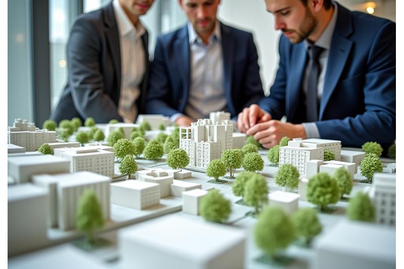 Architecten die aan een maquette van een stad werken